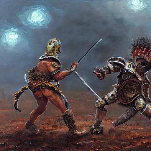 Prompt: Oil painting of an apocalyptic gladiator duel, sci-fi, wasteland