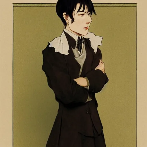 Prompt: full body cottagecore painting of Levi Ackerman, south Korean male, wearing a black and white maid dress, short, short hair, pointy nose, annoyed. elegant. highly detailed, digital painting, artstation, concept art, smooth, sharp, focus, illustration. art by artgerm and greg rutkowski alphonse mucha and Marat Safin