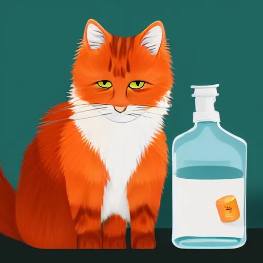 Prompt: a cat standing next to a bottle of medicine. the cat was orange in color and having fluffy fur, digital art, artstation, animal,