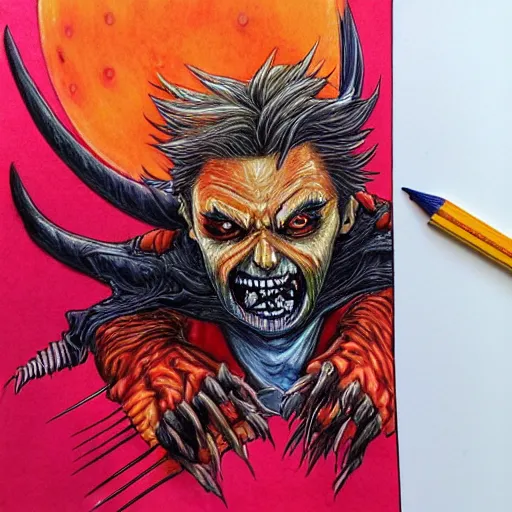 Image similar to hyper realistic colored pencil drawing of zombie wolverine, space background, unlimited detail, colored, space, dragon, intricate, detail, phoenix, orange by harumi hironaka-C 8