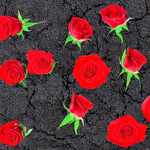 Prompt: red roses, laying in dark tar slime