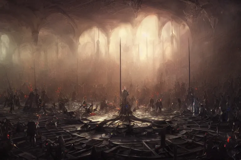 Prompt: people tripping over a pile of swords in an arena, fantasy, d & d, digital painting, by randy vargas, digital painting, volumetric light, intricate, sharp, focus, bloom, illustration, highly detailed, concept art, matte, greg rutkowski