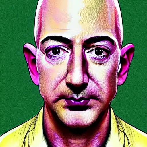 Prompt: jeff bezos face and upper head morphed into a salad cucumber, colored ink, moebius illustration art, key art