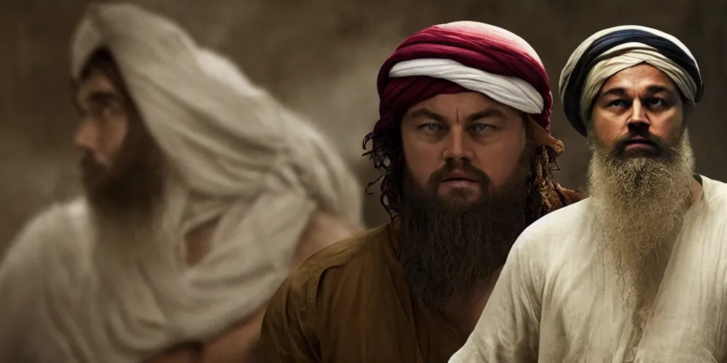 Image similar to Leonardo DiCaprio as Osama Bin Laden in 'Bin' (2024), movie still frame, oscar nominated cinematography, volumetric lighting, 8k resolution, beautiful composition