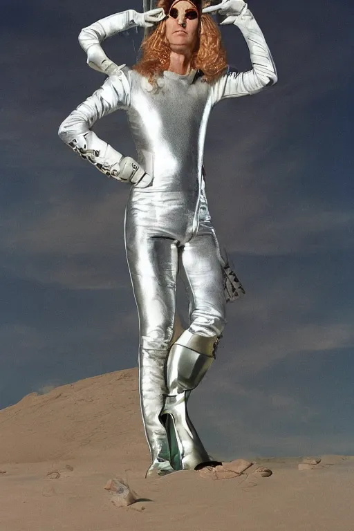 Image similar to portrait davis taylor brown dressed in 1 9 8 1 space fantasy fashion, avante garde, shiny metal, standing in a desert