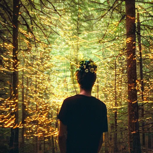 Prompt: kodak portra 4 0 0 photograph of a skinny blonde guy standing in dark forest with fireflies in the air, back view, flower crown, moody lighting, telephoto, 9 0 s vibe, blurry background, vaporwave colors, faded!,