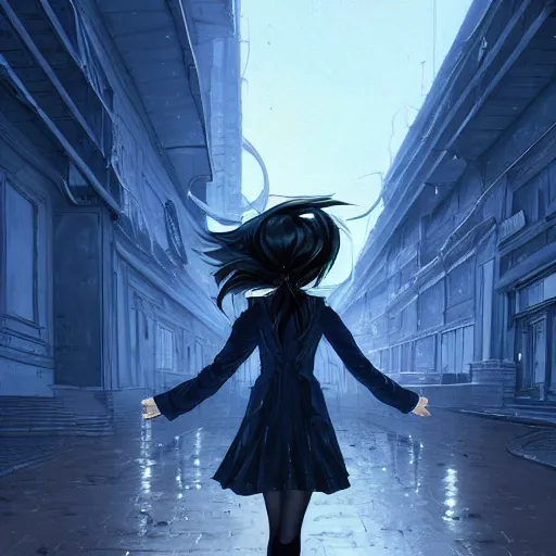 Image similar to low - angle shot from behind of a long blue - haired girl in a tailcoat overlooking demacia, combat boots, noir, screenshot, sharp focus, intricate, illustration, cell shaded, digital painting, highly detailed, straight hair, art by ilya kuvshinov, wlop, greg rutkowski, studio quality, james jean