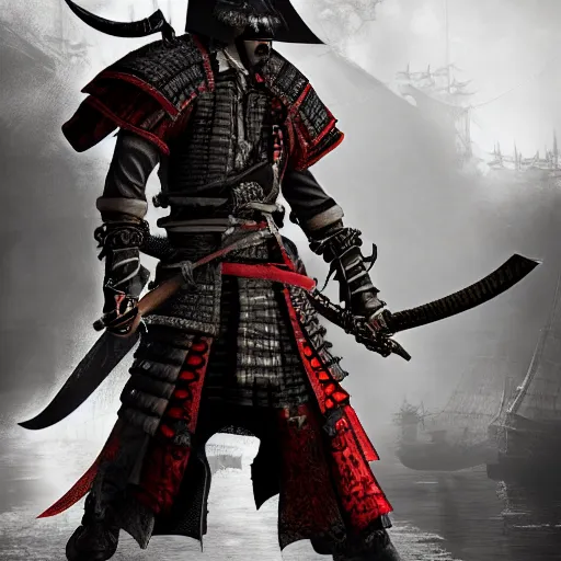 Prompt: Male Samurai Pirate, hd, intricate, bloodborne, 8k, digital art