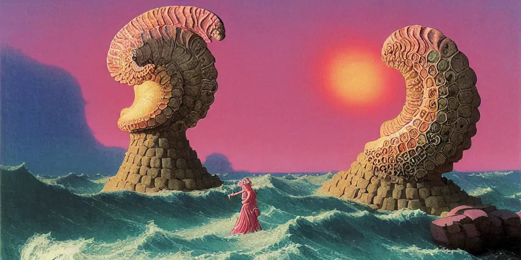 Prompt: the ammonite sorceress clad in coral armor exacts revenge on the child's sand castle send wondrous waves of destruction onto the irreverent land by kawase hasui, dorothea tanning, moebius, edward hopper and james gilleard, aivazovsky, zdzislaw beksinski, steven outram colorful flat surreal design