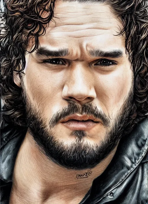 Prompt: portrait of kit harrington, gritty, dark, wearing a leather jacket, hairy chest, very detailed eyes, hyperrealistic, very detailed painting by Glenn Fabry, by Joao Ruas, by Artgerm