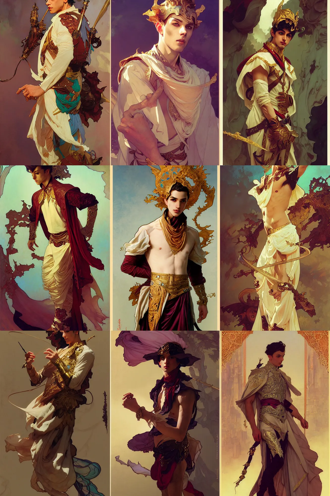 Prompt: young male, arabian costume, fantasy, smooth, art by joseph leyendecker, peter mohrbacher, ruan jia, marc simonetti, ayami kojima, cedric peyravernay, alphonse mucha, victo ngai