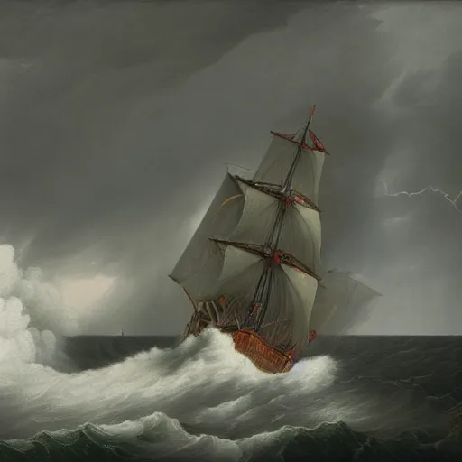 Prompt: schooner caught in storm, turbulent waves, lightning in the background, black tint, Carl Friedrich