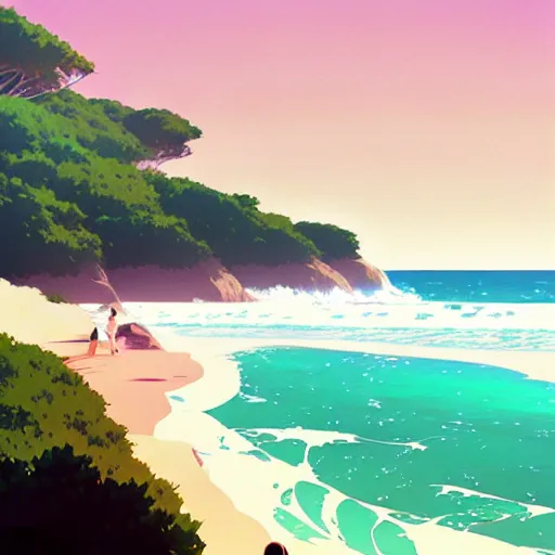 Image similar to Beautiful beach, crashing waves, Australian summer, muted colors, matte print, pastel colors, ornate, digital art, digital painting, fan art, elegant, pixiv, by Ilya Kuvshinov, by Studio Ghibli