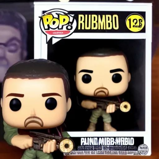 Image similar to a Funko Pop collectible of Rambo. headband. holding in one handautomatic rifle