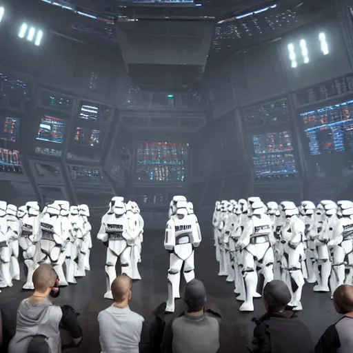 Prompt: a huge crowd of imperial stormtroopers in combat gear stands at attention beneath the reviewing stand at the death star, listening to a speech by the emperor, 8 k, unreal 5, octane render, majestic, superb, orderly, cinematic, atmospheric, dramatic, hyperrealism, cgi art, volumetric lighting, photoshopped, intricate digital art