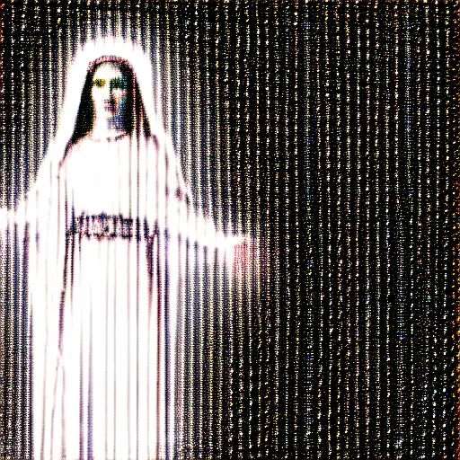 Image similar to vhs static overlay of marian apparition, vhs, 1 9 9 0, highly realistic, highly detailed, vhs noise static, black and white, vhs glitch