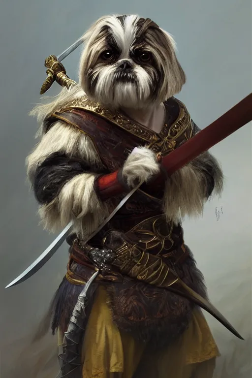 Prompt: a anthropomorphic shih - tzu warrior, holding a sword, diffuse lighting, fantasy, intricate, elegant, highly detailed, lifelike, photorealistic, digital painting, artstation, illustration, concept art, smooth, sharp focus, naturalism, trending on byron's - muse, by greg rutkowski and greg staples and alphonse mucha