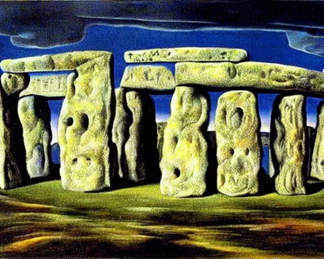 Image similar to surreal objects and actions. painting of Stonehenge by Salvador Dali. several layers of perspective. Manifestations of the subconscious. Cryptic symbolism. Many points of view. mind bending illusions of perception