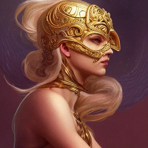 Prompt: portrait of a norse moon goddess, with golden half - mask, intricate, elegant, highly detailed, digital painting, artstation, concept art, smooth, sharp focus, illustration, art by artgerm and greg rutkowski and alphonse mucha and william - adolphe bouguereau