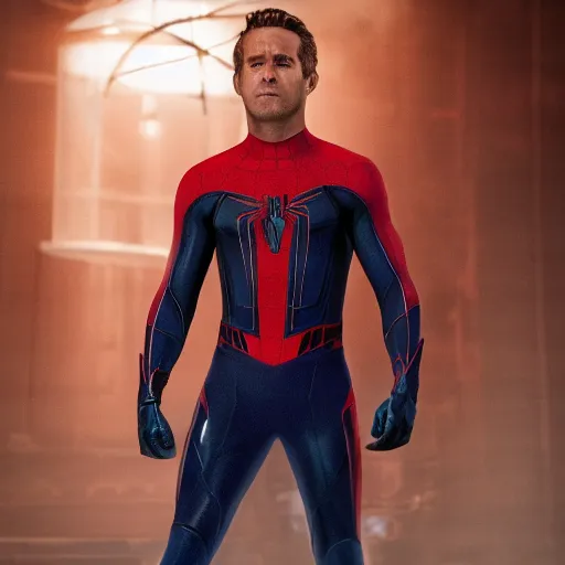 Image similar to ryan reynolds as a black and blue suit spider - man, cinematic, volumetric lighting, f 8 aperture, cinematic eastman 5 3 8 4 film, photorealistic