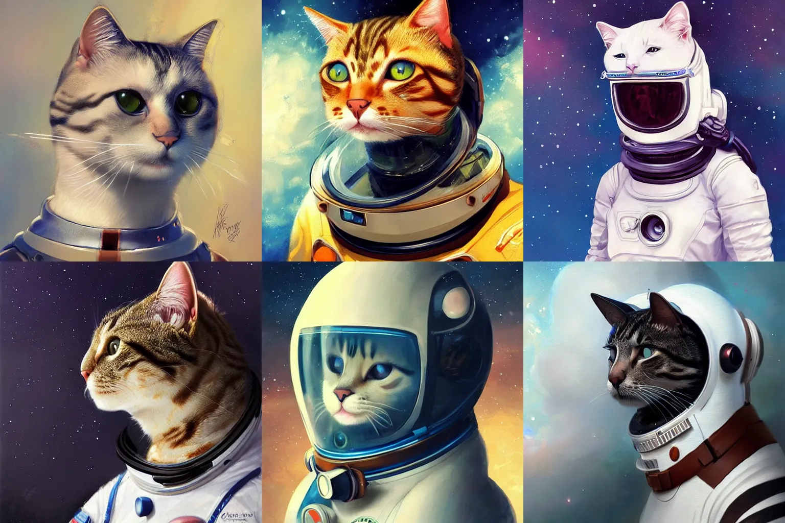 Image similar to head and shoulders masterpiece portrait of a cat wearing a spacesuit, surreal background, digital art by Krenz Cushart, trending on artstation, cgsociety,