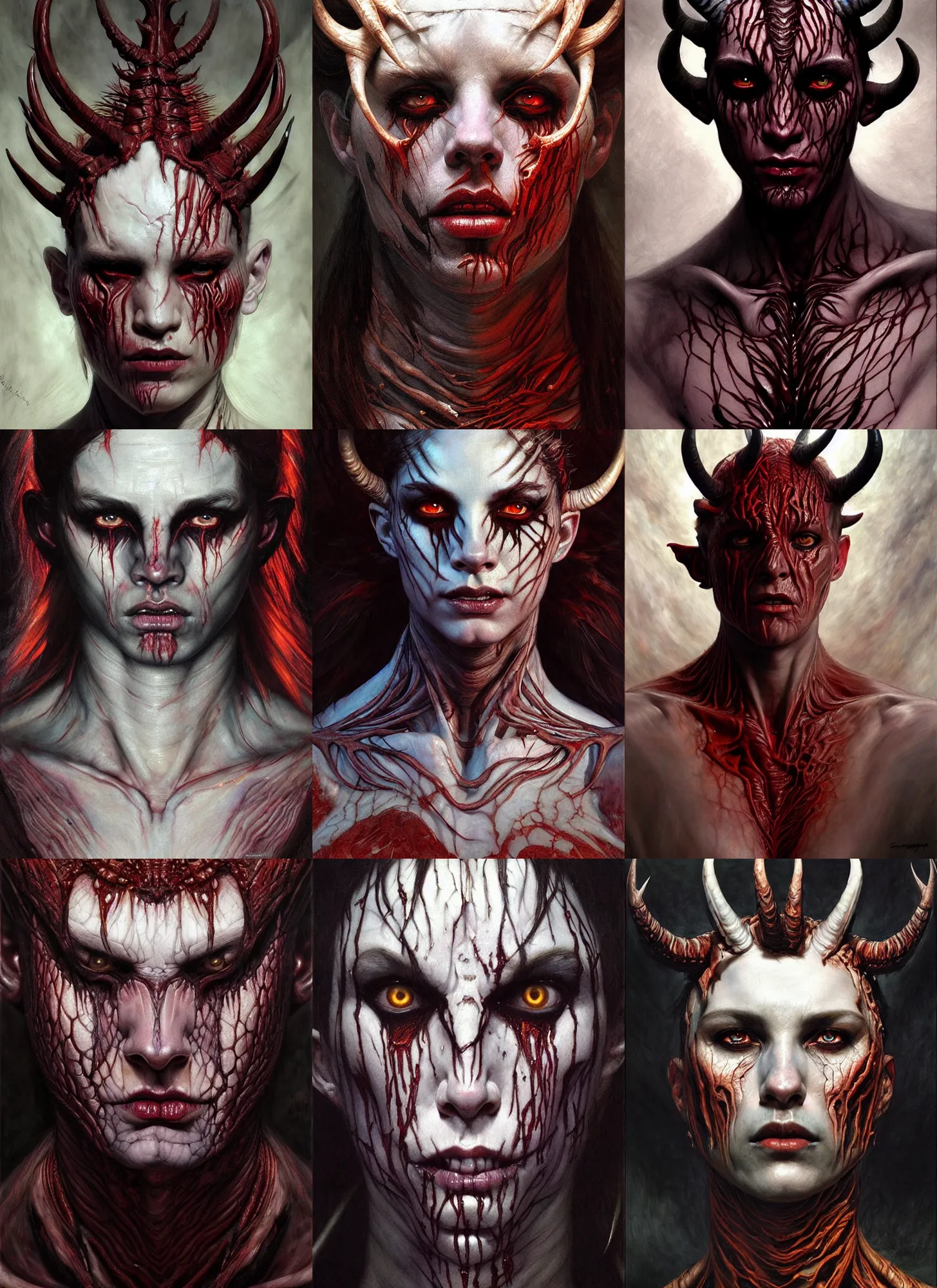 Prompt: half demon half human intricate skin pattern texture, savage, full body, white horns, hyper realistic, extremely detailed, dnd character art portrait, dark fantasy art, intricate fantasy painting, dramatic lighting, vivid colors, deviant art, artstation, by edgar maxence and caravaggio and michael whelan and delacroix.