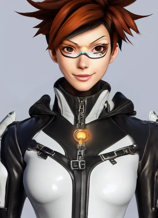 Image similar to portrait bust digital artwork of tracer overwatch, wearing white iridescent rainbow latex and leather straps catsuit outfit, 4 k, expressive happy smug expression, makeup, in style of mark arian, angel wings, wearing detailed black leather collar, chains, black leather harness, detailed face and eyes,
