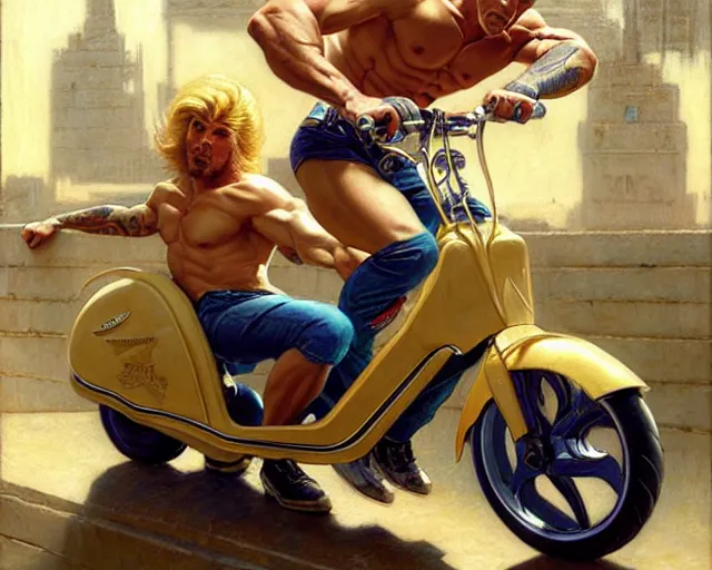 Image similar to handsome tattooed blonde gym bro rides an e - scooter, cool colors, hard angles, painting by gaston bussiere, craig mullins, j. c. leyendecker, tom of finland