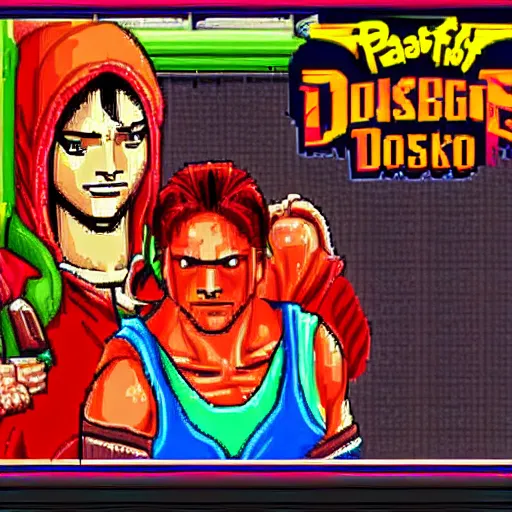 Image similar to portrait of babushka in double dragon video game splash screen