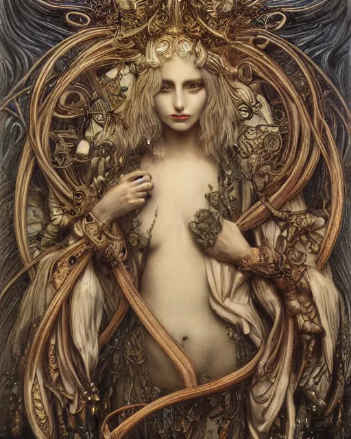 Image similar to in the style of beautiful lady gaga steampunk, detailed and intricate by jean delville, gustave dore and marco mazzoni, art nouveau, symbolist, visionary, gothic, pre - raphaelite