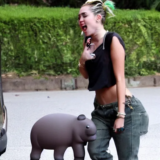 Prompt: Miley Cyrus with a hippo, paparazzi, photography, street, high quality, tmz,