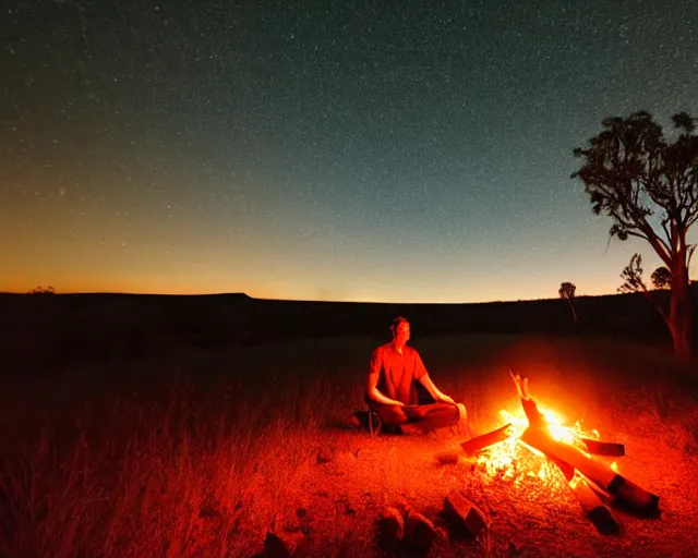 Prompt: close - up of man sitting playing medicine drum at campfire under cosmic night sky with uluru in background, global illumination radiating a glowing aura global illumination ray tracing hdr render in unreal engine 5, dramatic atmospheric volumetric lighting