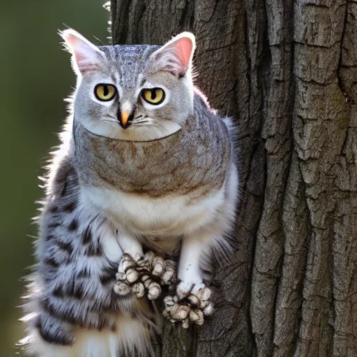 Image similar to cat and owl hybrid perched on a tree