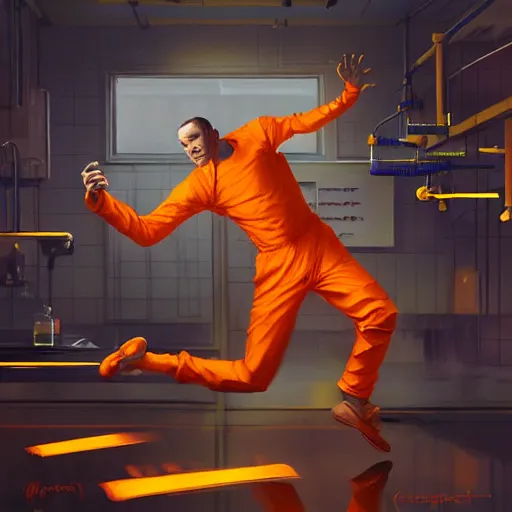 Image similar to a man in an orange jumpsuit running through a laboratory,digital art,art by greg rutkowski,ross tran,artstation,deviantart,photorealistic,hyperdetailed,detailed face,dramatic,cinematic,high quality