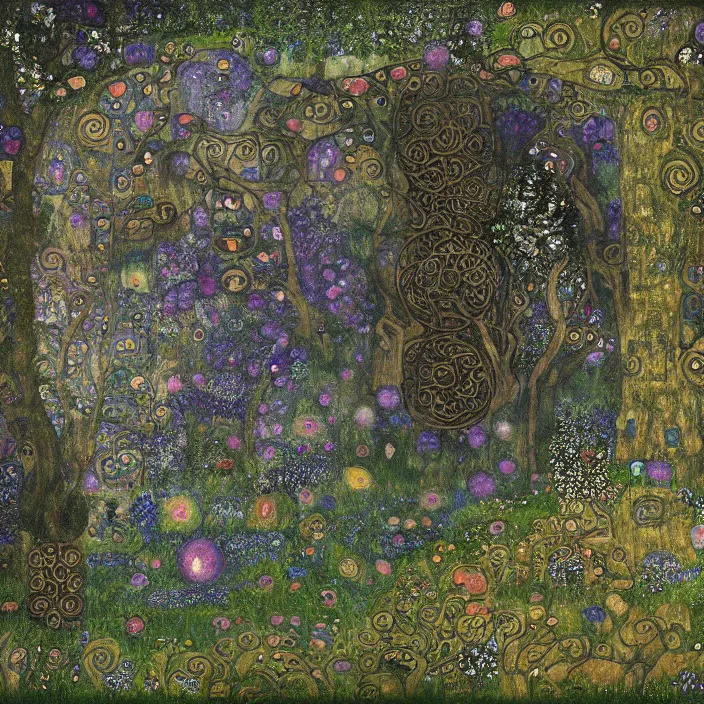 Prompt: ancient overgrown! ruins, medieval gates, indigo runestones, mysetrious etherial mesmerizing runic!! cat eyes, magical elven geometry, concept art by gustav klimt!!, deviantart contest winner, environmental art, pretty indigo flowers, fairy circles, lit by moonlight!!, high detail, intricate masterpiece