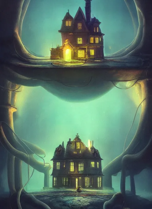 Image similar to glowing squid trying to eat a mansion in burning vapor dramatic lighting, artstation, matte painting, alexander fedosav, alexander jansson