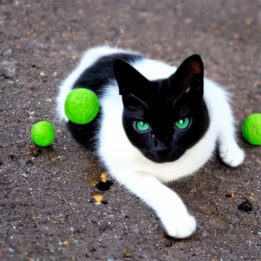 Image similar to white and black cat with green eyes dominates planet earth, destruction, global war