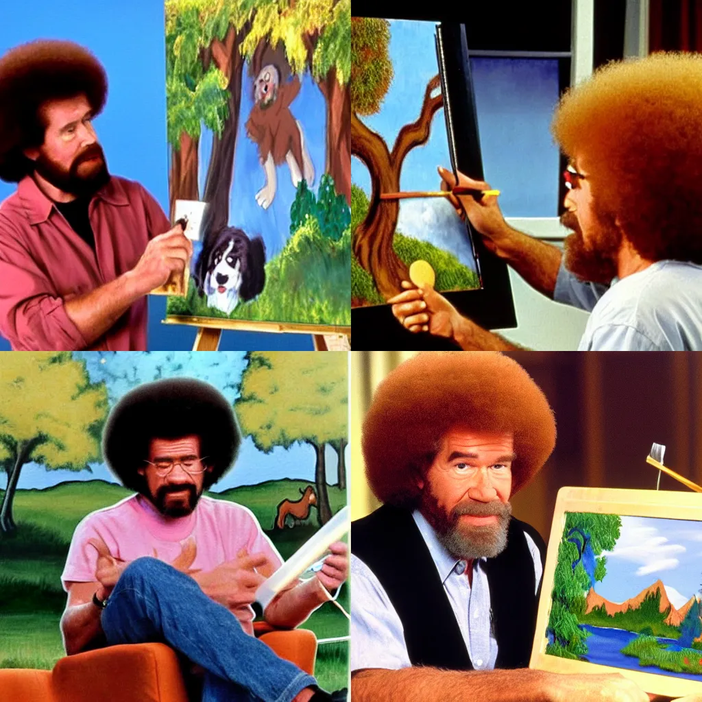 Prompt: Bob Ross painting a picture of Scooby adoo, tv show, 90s,