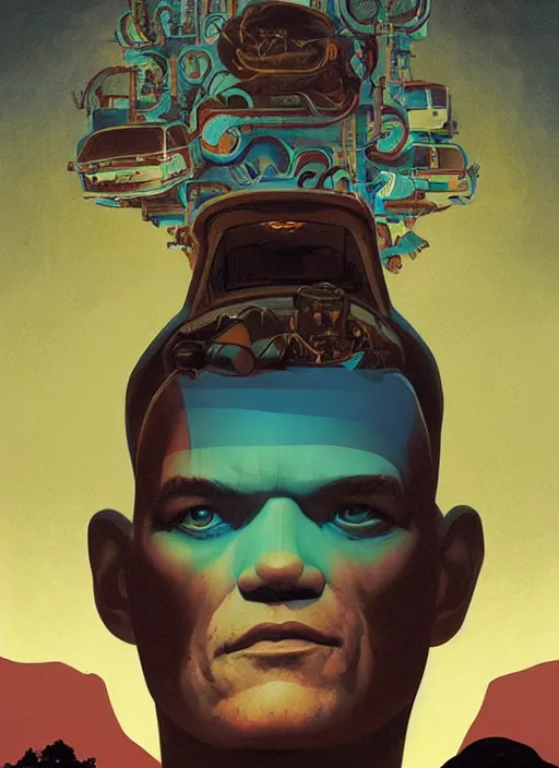 Image similar to poster artwork by Michael Whelan and Tomer Hanuka, Karol Bak of portrait of Michael Shannon!!!! the local mechanic clerk at the auto store, discovering aliens, from Twin Peaks, clean, simple illustration, nostalgic, domestic, full of details