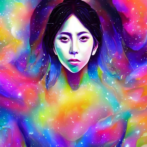 Image similar to lady gaga, korean mythology, galaxies and nebula flowing out of his body, artgerm, psychedelic floral planets, studio ghibli painterly style, trending on artstation