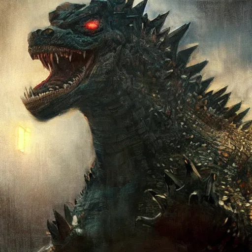 Image similar to heisei era godzilla painted by jeremy mann