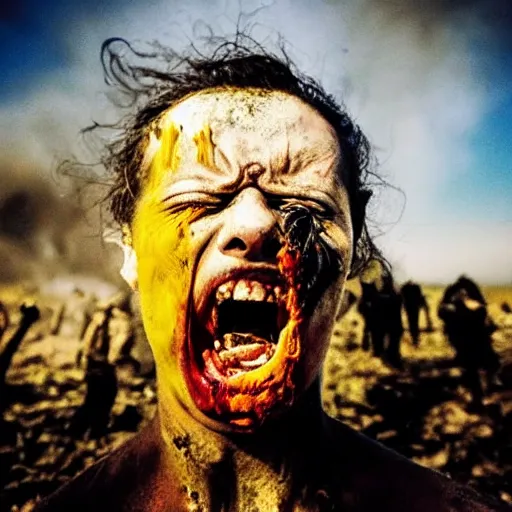 Image similar to selfie of a ukrainian screaming in pain and terrible injuries from a nuclear explosion, everything is on fire and radiation, in the background there are a lot of people like zombies, corpses and skeletons, a large nuclear explosion in the background, people are painted in yellow and blue, all dirty with severed limbs, doomsday