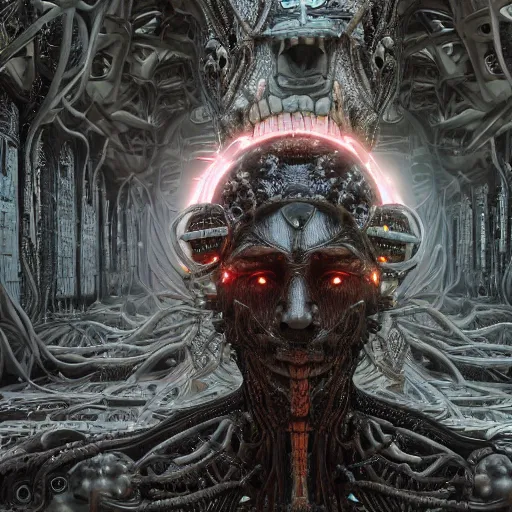 Image similar to cybernetic deity with networked mind tripping on acid, intricate detail, lovecraft, royo, whealan, giger, klimt, hd, octane render, unreal engine,