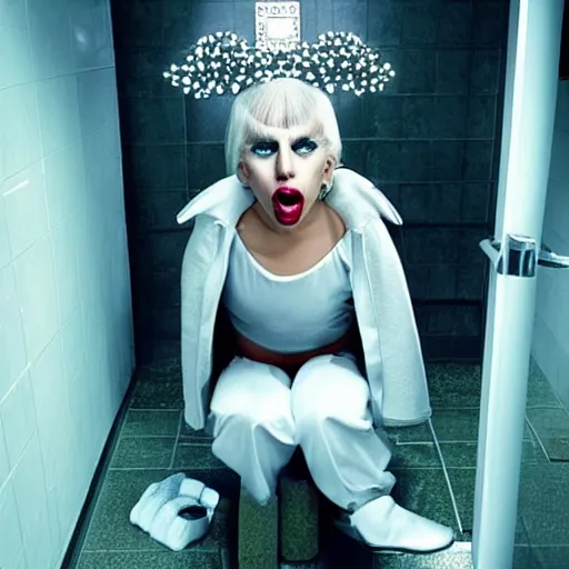 Image similar to lady gaga sitting in a toilet, with angry face