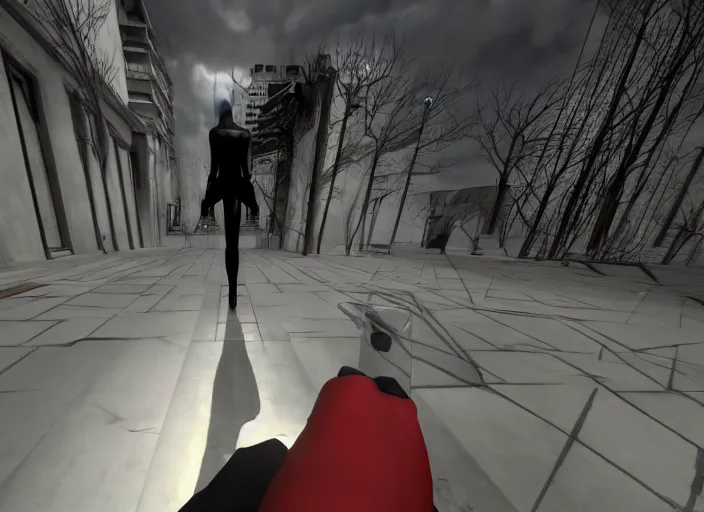 Image similar to mirror's edge first person horror game, photorealistic, extremely dark, scary, screenshot