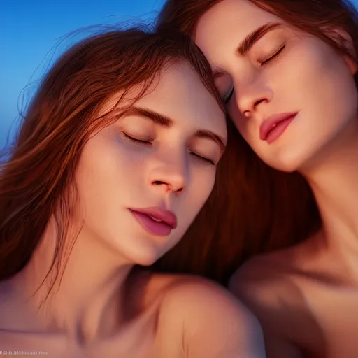 Image similar to beautiful serene intricate portrait of identical twin women, taking a selfie, smiling softly, relaxing on the beach, wearing casual clothes golden hour, soft focus, 8 k, art by irakli nadar, hyperrealism, hyperdetailed, ultra realistic