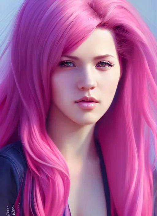 Image similar to photo of a gorgeous young woman with pink hair, in the style of stefan kostic, realistic, sharp focus, 8k high definition, insanely detailed, intricate, elegant, art by stanley lau and artgerm