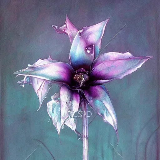 Prompt: bleak by peter andrew jones pearlescent. the mixed mediart is a beautiful & haunting work of art of a series of images that capture the delicate beauty of a flower in the process of decaying. the colors are muted & the overall effect is one of great sadness.
