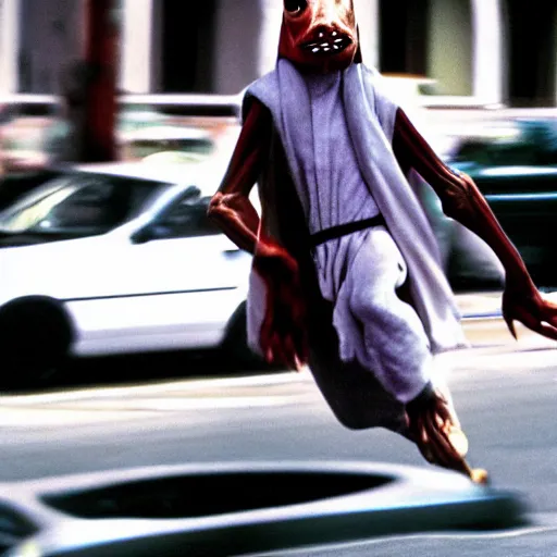 Prompt: Jar Jar Binks high on bath salts chasing down a car on the street