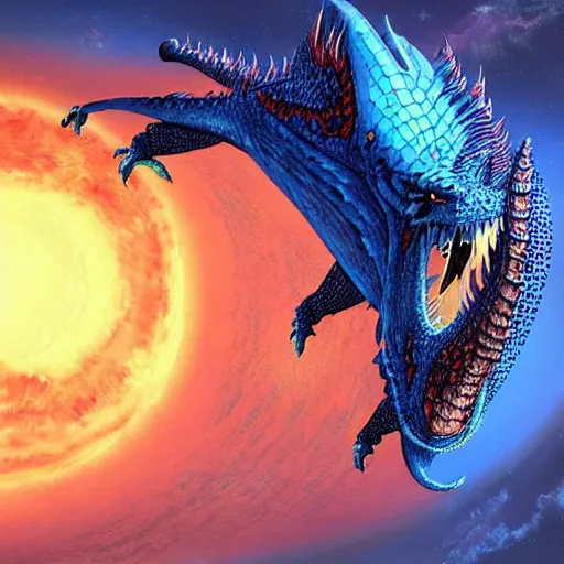 Prompt: Gigantic blue scaled dragon devouring an earth like planet while flying in space, sun system, behemoth, lizard, crocodile, digital art, by Carles Dalmau